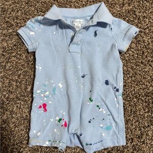 Ralph Lauren Light Blue Kids Polo Romper with Paint Splatter